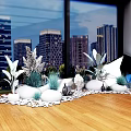 Modern Interior Design Featuring Large Windows City View White Stones Green Plants On Wooden Floor
