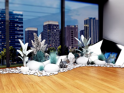 Modern Interior Design Featuring Large Windows City View White Stones Green Plants On Wooden Floor 3d model