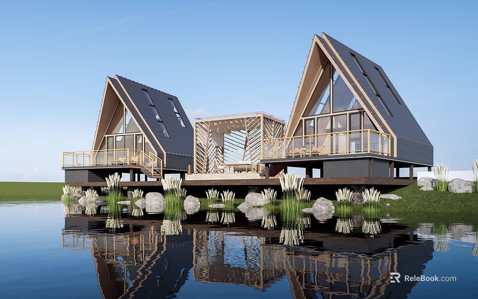 Modern Cultural Center Building With Triangular Roofs Wooden Structure And Waterfront Reflection 3d model 