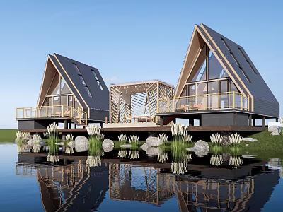 Modern Cultural Center Building With Triangular Roofs Wooden Structure And Waterfront Reflection 3d model