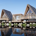 Modern Cultural Center Building With Triangular Roofs Wooden Structure And Waterfront Reflection