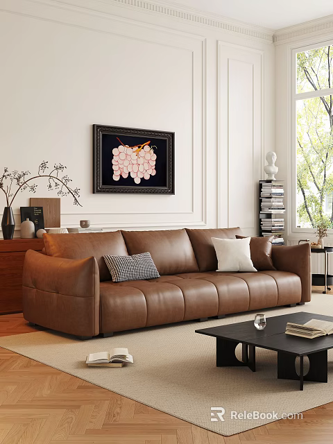 Modern Brown Leather Three-Seater Sofa With Throw Pillows And Decorative Painting In Living Room 3d model 