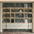 Elegant Modern Bookcase With Marble Backdrop Layered Shelves And White Base