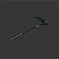 Green Fantasy Scythe Weapon With Golden Accents Black Handle And Glowing Translucent Blades