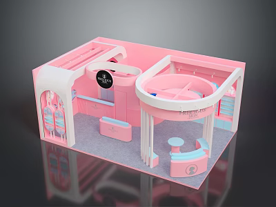 Pink Interior Display Model With Curved Counter And White Decorative Shelves 3d model