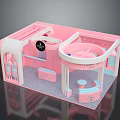 Pink Interior Display Model With Curved Counter And White Decorative Shelves