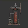 Vintage Red Mechanical Device with Large Wheel and Metal Structure in Retro Industrial Design