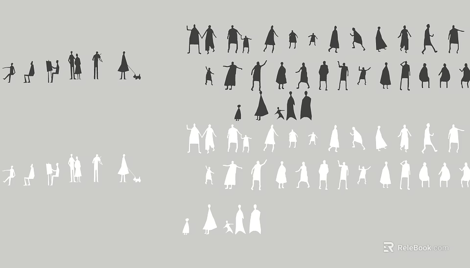 Black and White People Silhouettes with Various Poses Adults Children and Dog on Gray Background 3d model 