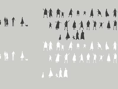 Black and White People Silhouettes with Various Poses Adults Children and Dog on Gray Background 3d model