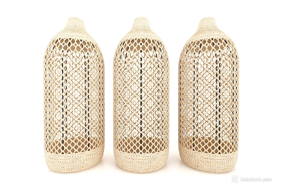 Three Piece Beige Woven Decorative Ornament Set With Intricate Pattern And Cylindrical Design 3d model 