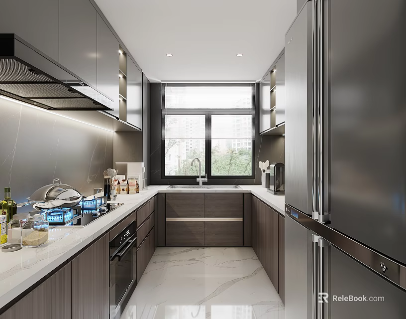 Modern Kitchen With Dark Cabinets White Countertop Window And Stainless Steel Appliances 3d model 