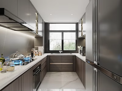 Modern Kitchen With Dark Cabinets White Countertop Window And Stainless Steel Appliances 3d model