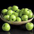 Fresh Green Apples In Wooden Bowl With Scattered And Sliced Pieces