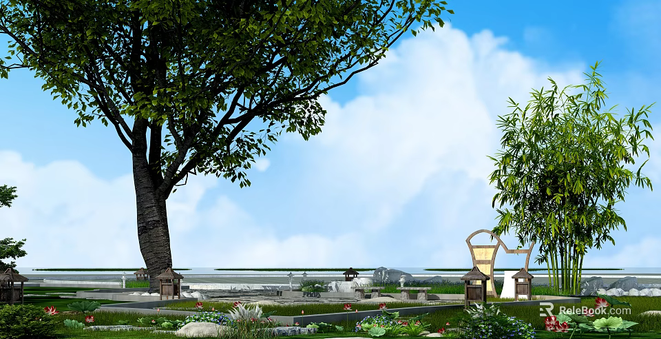 Garden Ornaments Design With Large Tree Wooden Bench Green Plants And Blue Sky 3d model 
