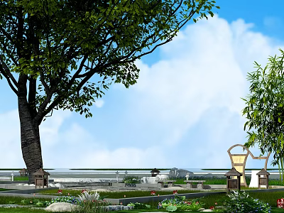 Garden Ornaments Design With Large Tree Wooden Bench Green Plants And Blue Sky 3d model