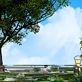 Garden Ornaments Design With Large Tree Wooden Bench Green Plants And Blue Sky