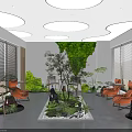 Modern Lounge Area with Circular Skylights Window Blinds Orange Chairs and Central Green Plant Landscape