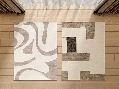 Modern Square Rugs With Abstract Curves And Geometric Patterns On Wooden Floor 3d model