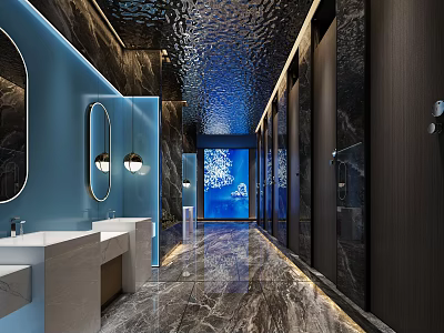 Modern Public Restroom Interior Design With Blue Walls Marble Floors Soft Lighting And Mirrors 3d model