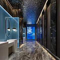 Modern Public Restroom Interior Design With Blue Walls Marble Floors Soft Lighting And Mirrors