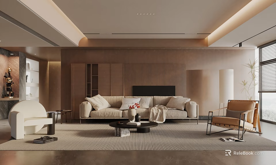 Modern Living Room Interior With Beige Sofa Wooden TV Wall Coffee Table And Area Rug 3d model 