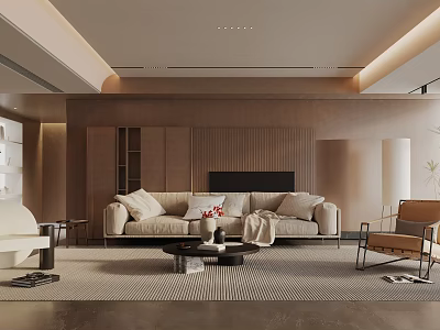 Modern Living Room Interior With Beige Sofa Wooden TV Wall Coffee Table And Area Rug 3d model