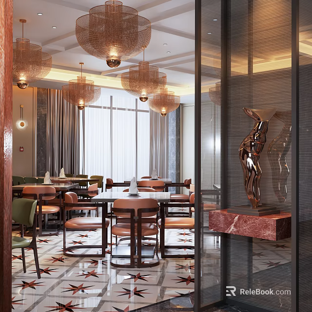 Elegant Restaurant Interior With Chandeliers Dining Tables Large Windows And Metal Sculpture 3d model 