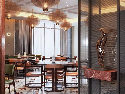 Elegant Restaurant Interior With Chandeliers Dining Tables Large Windows And Metal Sculpture 3d model