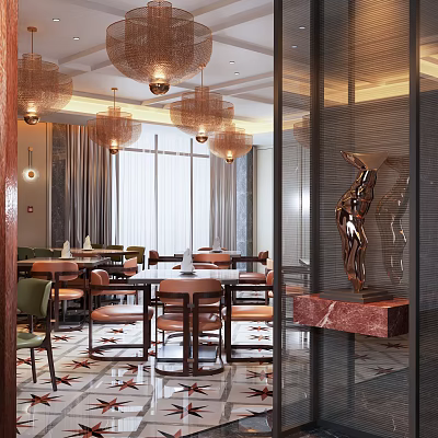 Elegant Restaurant Interior With Chandeliers Dining Tables Large Windows And Metal Sculpture 3d model