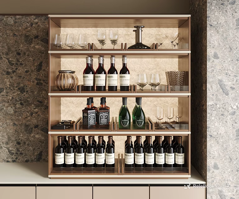 Wooden Wine Cabinet with Multiple Shelves Holding Wine Bottles Wine Glasses and Decanter 3d model 
