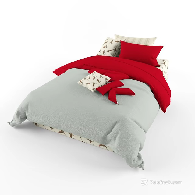 Kids Bed Featuring Red Quilt Gray Bed Sheet And Patterned Pillows With Red Bow 3d model