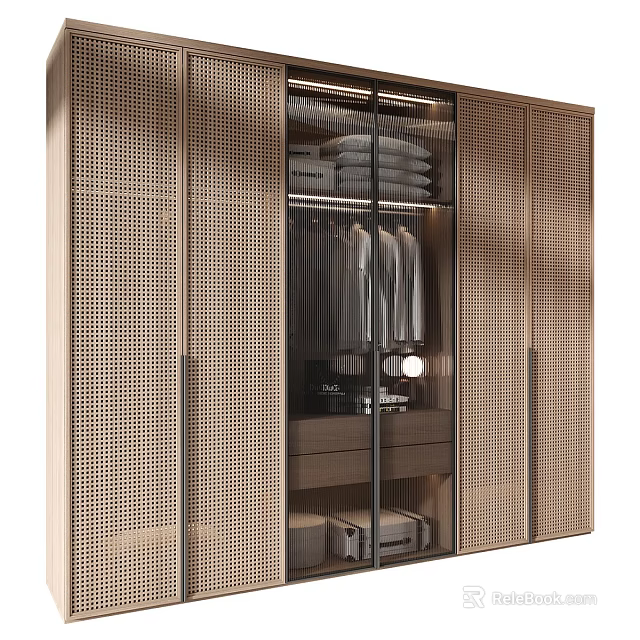 Modern Wardrobe Design With Rattan Panels And Glass Sliding Doors 3d model 