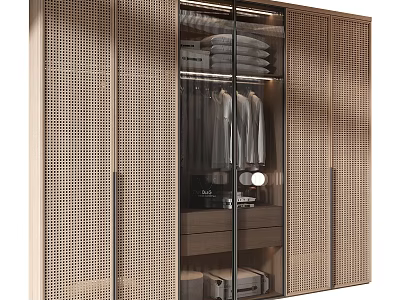 Modern Wardrobe Design With Rattan Panels And Glass Sliding Doors 3d model