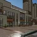 Modern Commercial Street Featuring Pedestrians Outdoor Seating Green Plants and Street Lamps
