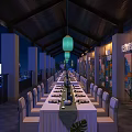 Elegant Chinese Style Banquet Hall With Tables Chairs And Traditional Lantern Decorations