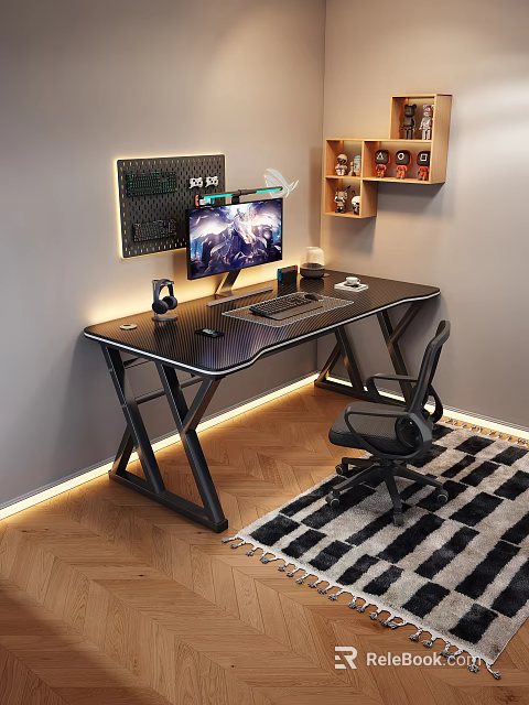 Modern Black Computer Desk and Ergonomic Mesh Office Chair Set with LED Strip 3d model 