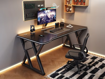 Modern Black Computer Desk and Ergonomic Mesh Office Chair Set with LED Strip 3d model