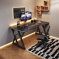 Modern Black Computer Desk and Ergonomic Mesh Office Chair Set with LED Strip
