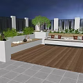 Roof Garden With Wooden Deck Seating Bench Green Plants And Ambient Lighting