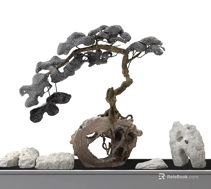 Artistic Bonsai Arbor Featuring Curved Trunk Gray Leaves Wooden Base and Stones 3d model 