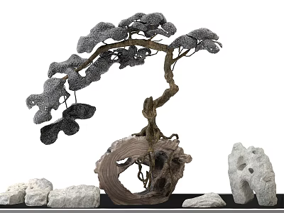 Artistic Bonsai Arbor Featuring Curved Trunk Gray Leaves Wooden Base and Stones 3d model