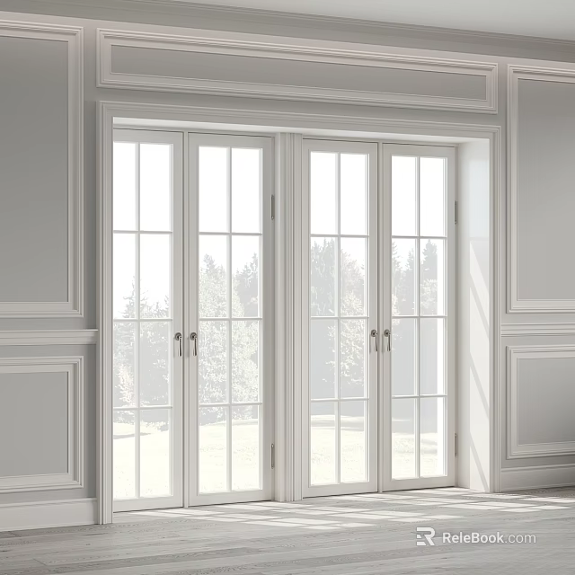 White French Doors With Glass Panes For Bright Interior And Outdoor Tree View 3d model 