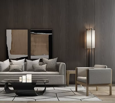Light Gray Sofa and Glass Coffee Table Set with Cushions Wooden Wall Art Floor Lamp 3d model