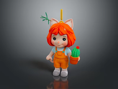 Game and Movie Character with Red Hair Cat Ears in Orange Overalls Holding Cactus Pot 3d model
