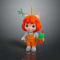 Game and Movie Character with Red Hair Cat Ears in Orange Overalls Holding Cactus Pot