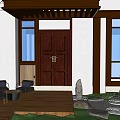 Modern Courtyard Garden With Wooden Entrance Outdoor Lights Stone Pathway And Landscaped Plants