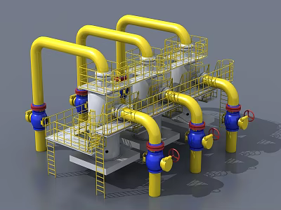 Heavy Duty Industrial Equipment With Yellow Pipes Blue Valves Platforms And Ladders 3d model
