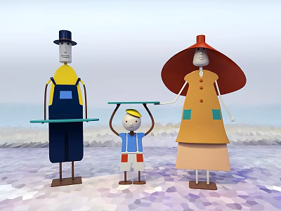 Cartoon Family Characters On Beach Holding Tray With Colorful Outfits 3d model