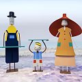 Cartoon Family Characters On Beach Holding Tray With Colorful Outfits