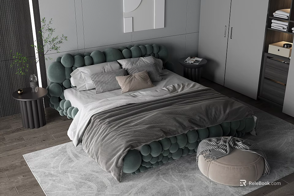 Green Tufted Double Bed With Gray Beige Pillows Gray Blanket Nightstands And Round Ottoman 3d model 